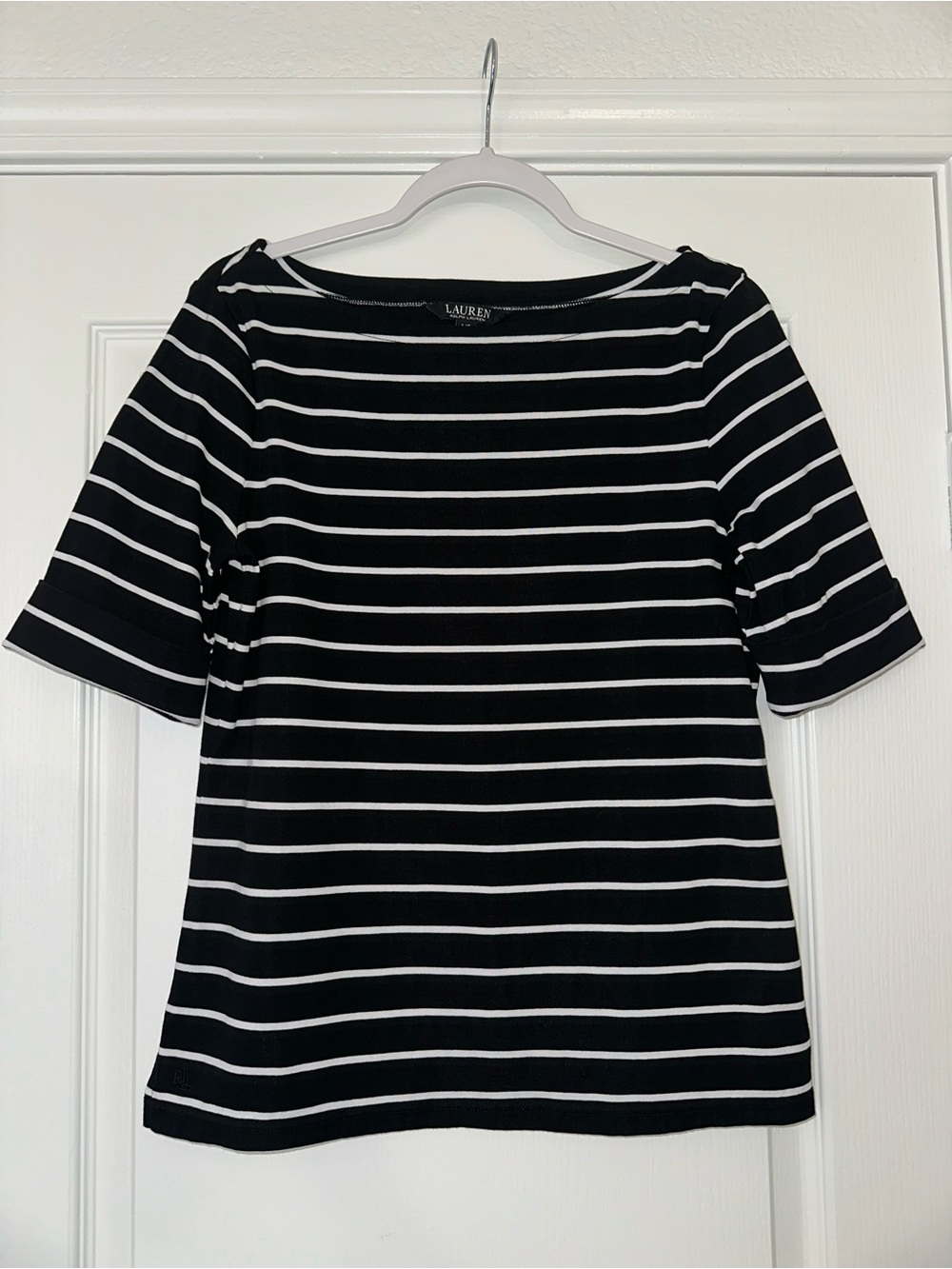 Lauren Ralph Lauren Black and White Striped Boatneck short sleeve top size large